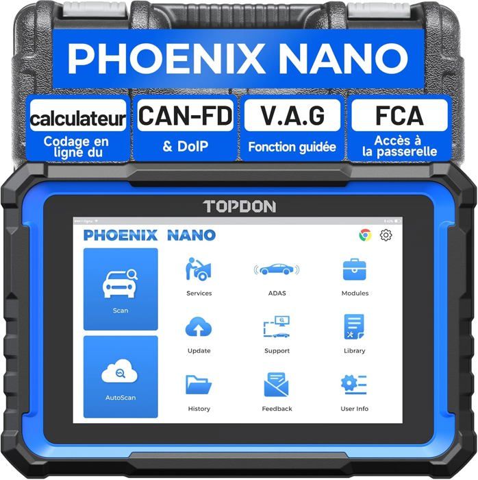 TOPDON Phoenix Nano Valise Diagnostic Auto Multimarque Codage ECU Contrôle bidirectionnel 32+ Réinitialisation