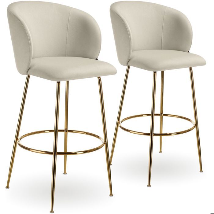 Tabouret de bar - TECTAKE - Lot de 2 tabourets LUANA aspect velours rembourrés et repose-pieds 51 x 60 x 106 cm - Crème/Or