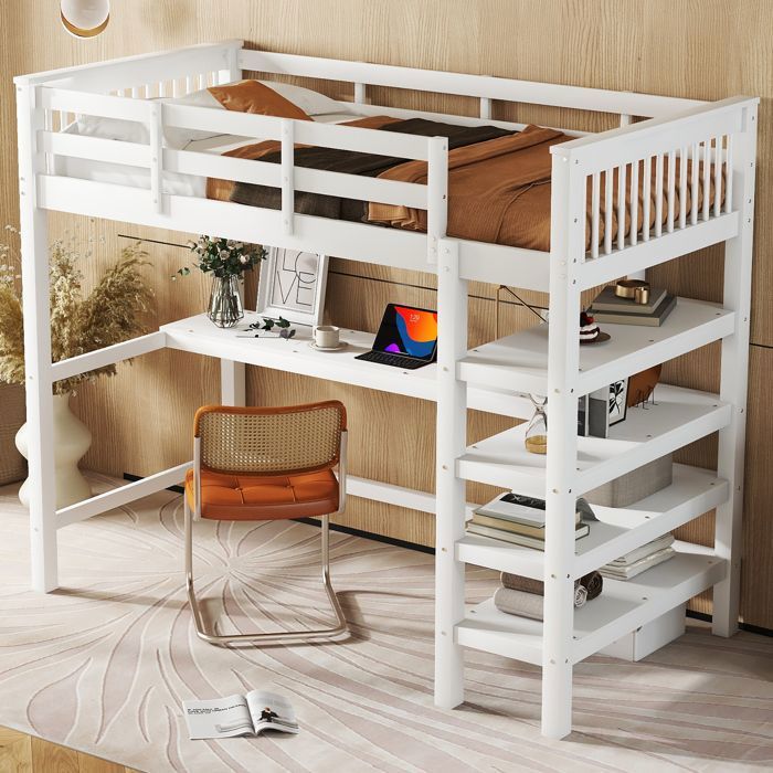Lit Mezzanine 90x200 cm Lit pour Enfants avec Bureau Intégré et Étagères Lit surélevé en Bois de Pin et MDF Blanc (Sans Matelas)