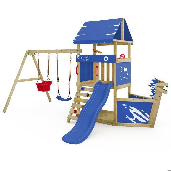 Aire de jeux WICKEY DinkyHouse – Toboggan bleu balançoire avec siège bébé en forme de bateau viking pour les tout-petits