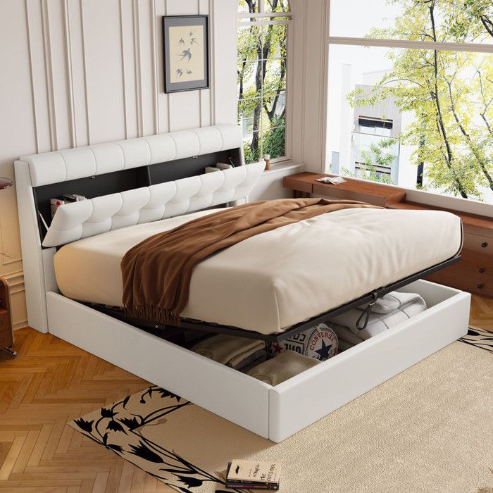 Lit Coffre Double 160x200 cm Cadre de Lit Adulte avec TêTe de Lit et Sommier à Lattes Lit Rembourré Hydraulique Adulte Blanc