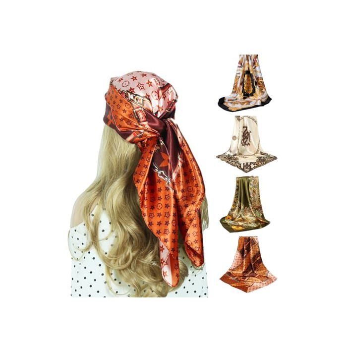 4 Pack Foulard pour les Femmes Grand Carré Satin 90 x 90 cm Élégant Bandana pour Envelopper les Cheveux la Nuit Cadeau pour F