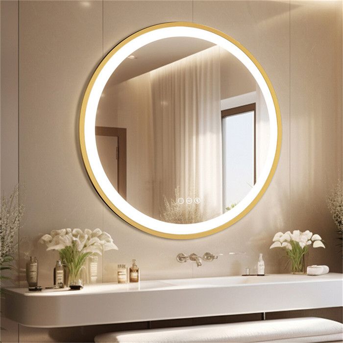 Miroir Salle de Bain Rond - 60cm Miroir Lumineux avec Éclairage intégré - Miroir d’Or Désembuage - Miroir avec Cadre en Aluminium