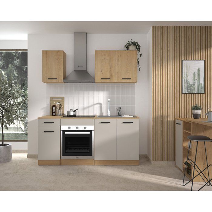 ALPAGA - Cuisine complète - Chêne silva / Grège - 180 x 60/31 x 211 cm - Avec meuble four et plan de travail - GAMI