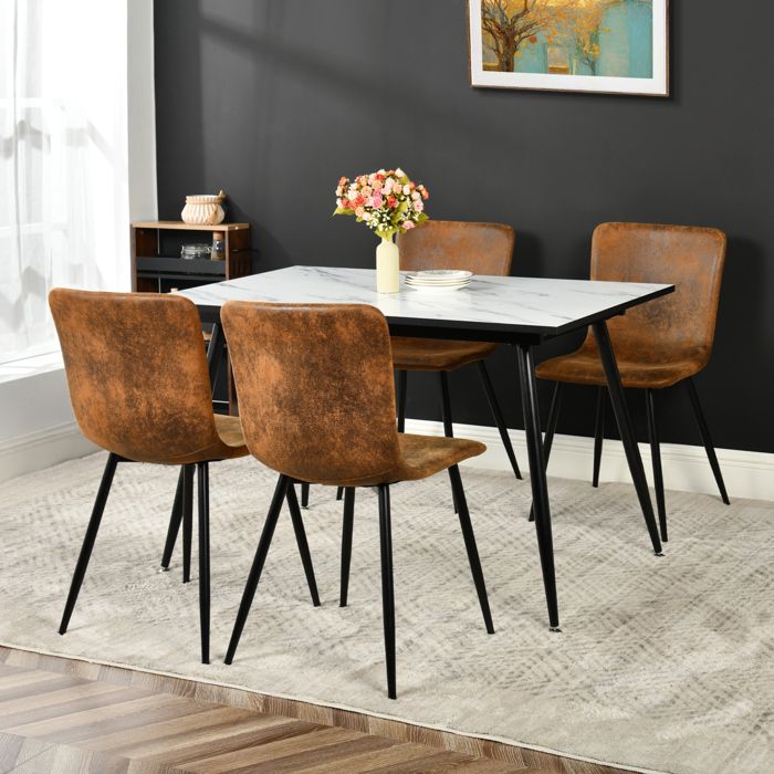 Table à manger extensible URBAN MEUBLE– plateau en bois blanc 120-160x80x75cm – 4 chaises marron effet daim avec pieds noirs