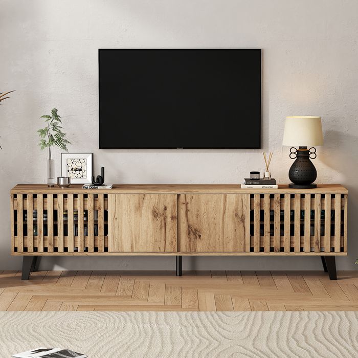 Meuble TV meuble tele 180x40x55 cm Bois naturel 8 compartiments support TV jusquà 70 pouces salon Meuble TV meuble tele 180x40x55 cm Bois naturel 8 compartiments support TV jusquà 70 pouces salon