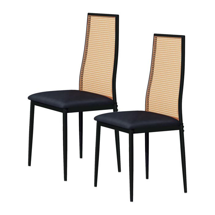 Lot de 2 chaises de salle à manger en osier noir avec coussin confortable dossier ergonomique et pieds métalliques moderne élégant