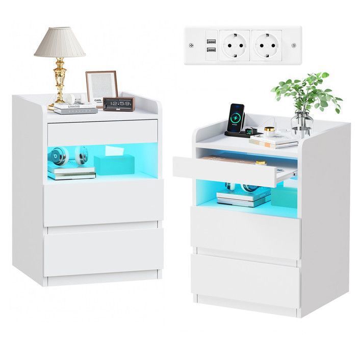 Lot de 2 Tables de Chevet avec 2 Prises et Port USB LED Réglable 2 Tiroirs de Rangement 1 Plateau Blanc