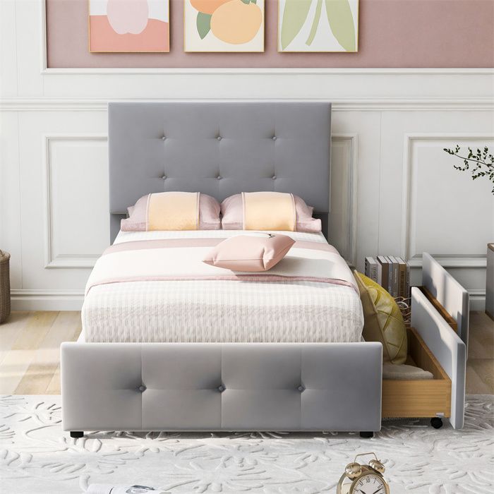 Lit rembourré 90 x 200 cm en velours gris avec sommier à lattes et 2 tiroirs — sans matelas