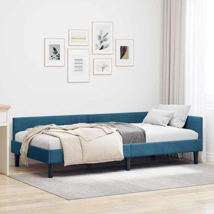 Cadre de lit dangle en velours - CLOUD - 90x200 cm - Bleu - Design en L - Gain de place - Polyvalent