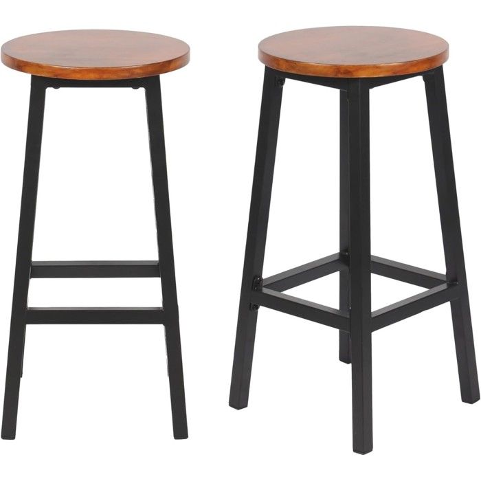 Lot de 2 Tabourets de Bar - Box and Beyond - 32 x 32x 65 cm - Bois et Métal Noir - Sans Dossier - Repose-Pieds