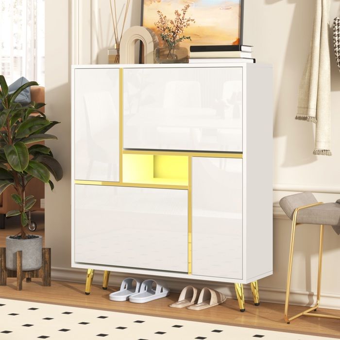 Meuble à chaussures design blanc brillant - Façade laquée et éclairage LED 16 couleurs - Moderne et fonctionnel pour entrée Meuble à chaussures design blanc brillant - Façade laquée et éclairage LED 16 couleurs - Moderne et fonctionnel pour entrée