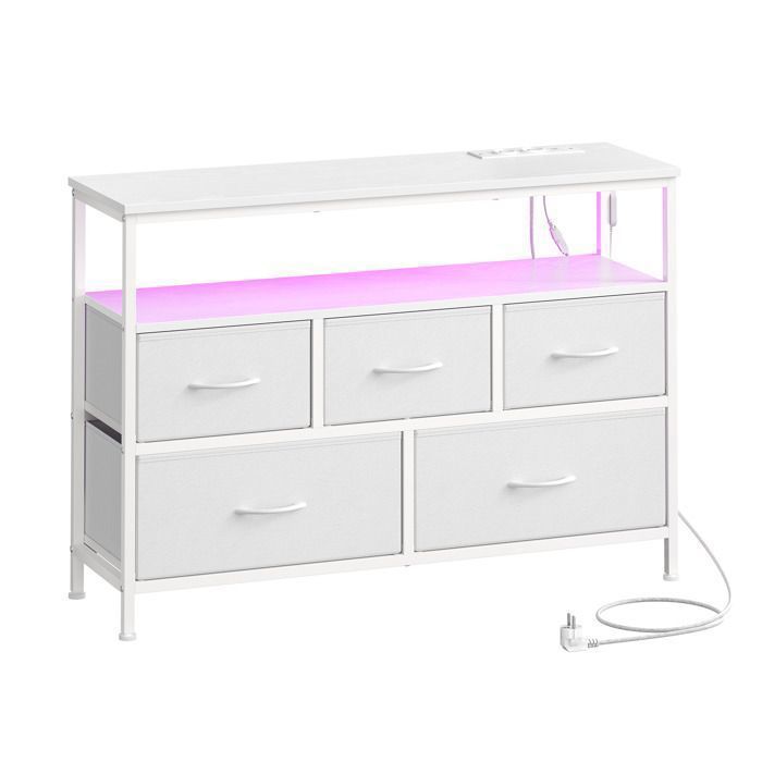 Commode avec LED Réglable et Multiprise 5 Tiroirs en Tissu Style Moderne Chambre Blanc