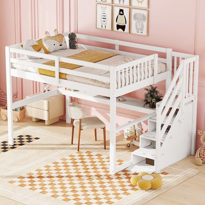 HOMVRA Lit mezzanine 140x200 cm avec bureau et escalier de rangement en pin blanc (sans matelas)