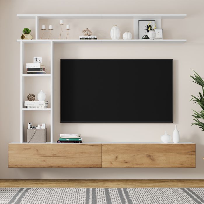 Ensemble Meuble TV Mural 180 cm Blanc et Bois avec 2 Portes Étagère Verticale et Présentation Suspendue pour TV jusqu’à 80 Ensemble Meuble TV Mural 180 cm Blanc et Bois avec 2 Portes Étagère Verticale et Présentation Suspendue pour TV jusqu’à 80