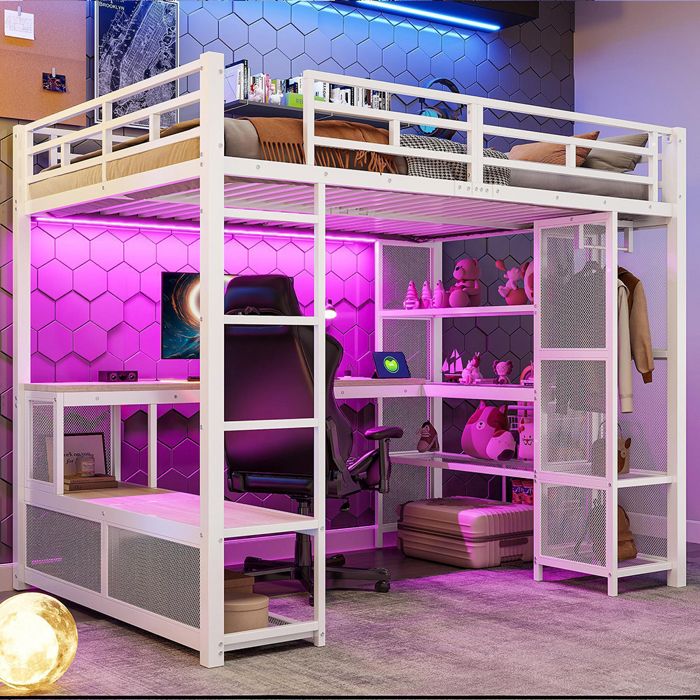 Lit Mezzanine Métal 140x200 Espace Rangement Armoire Ouverte Port USB LED Blanc