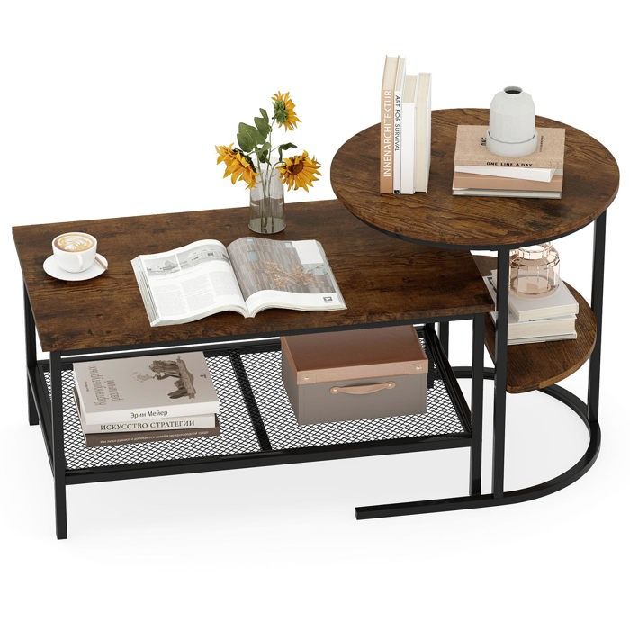 Lot de 2 Tables Basses Gigognes à 2 Niveaux COSTWAY Plateau Imitation Marbre Marron Cadre en Métal Noir Table dAppoint pour Salon