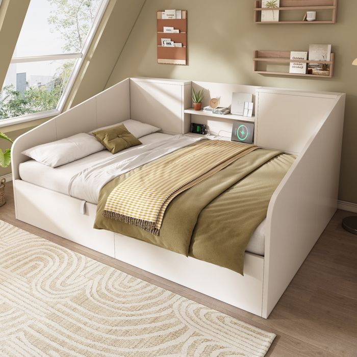 Lit Banquette Hydraulique 140x190 cm Lit Coffre 1 Place en Bois avec 2 Étagères Ouvertes Charge USB Sommier à Lattes - Blanc
