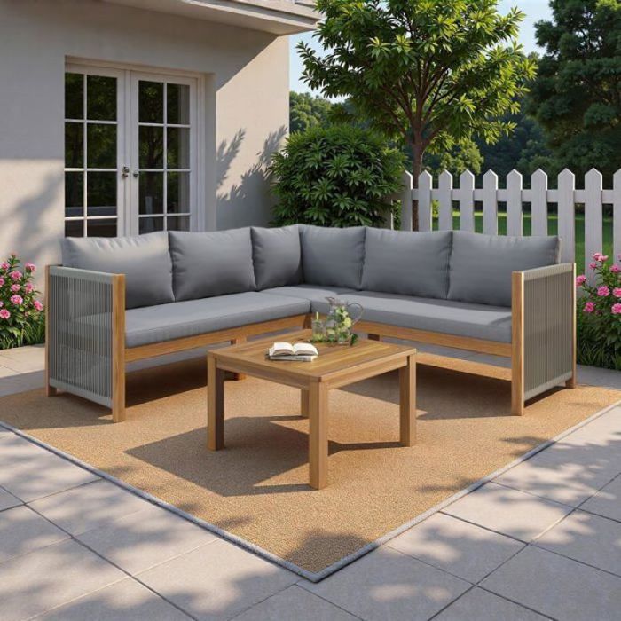Ensemble de Salon bas de jardin extérieur 5 Personnes -canapé dangle + Table Basse -Cadre en Acacia Plateau de Table en Acacia-Gris