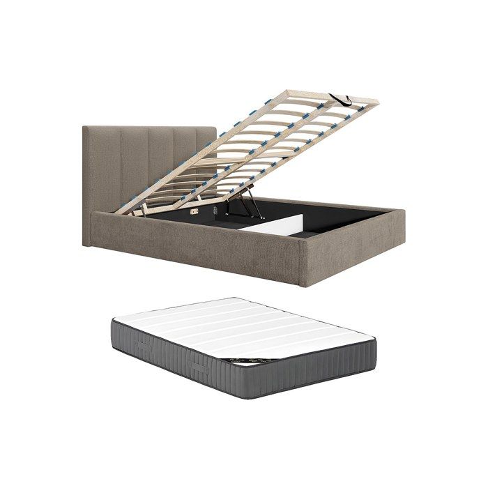 Lit coffre 160 x 200 cm avec tête de lit coutures verticales - Tissu - Taupe - Avec matelas Premium - KILACLO