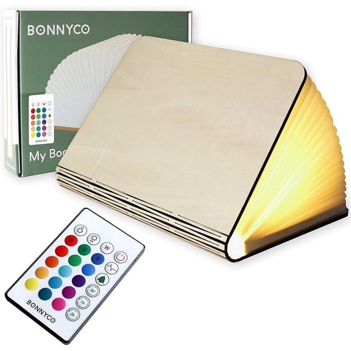Lampe Livre Led Pliante en Bois avec Télécommande 16 Couleurs et Minuterie. Livre Lumineux Decoration Grande - Érable REFLECTEUR