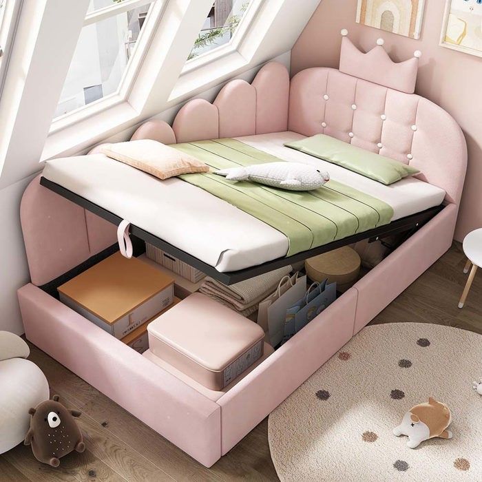 Lit enfant - 90 x 200 cm - Velours rose - Tête de lit couronne - Coffre de rangement hydraulique