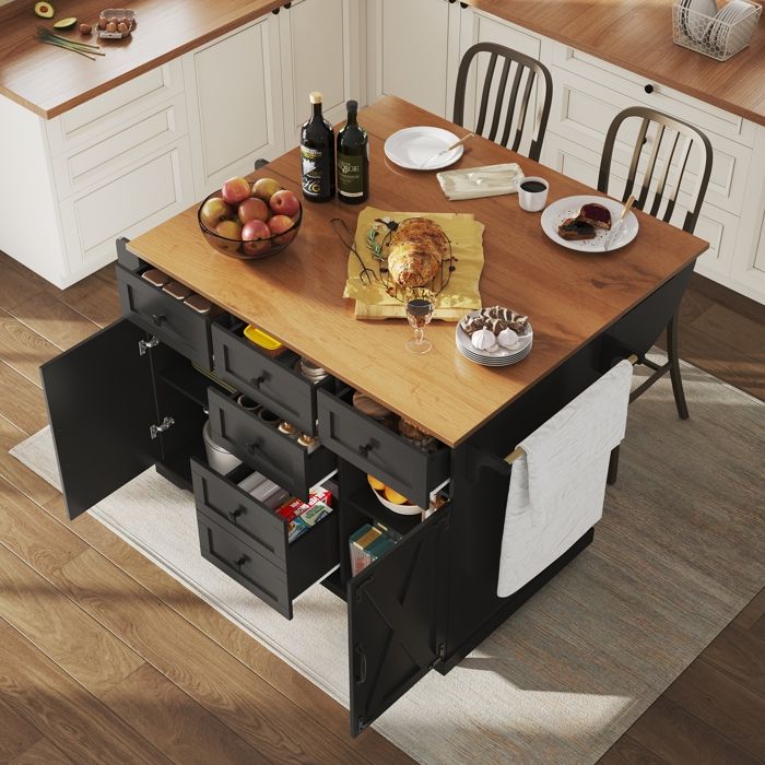 Îlot de cuisine mobile plan de travail rabattable buffet à 6 tiroirs style rustique 147×70×93 cm grand espace de rangement noir
