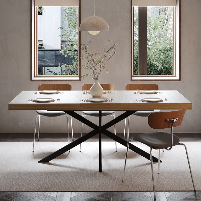 Table à manger extensible 140-180x80x76 cm avec rangement caché- rectangulaire - pour 4 à 6 personnes - MDF - Natural