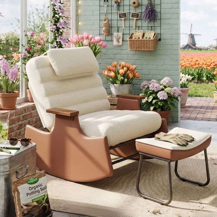 Fauteuil de Relaxation Lounge avec Tabouret - Velours Côtelé Beige - Rembourrage Épais - Appui-tête Confortable