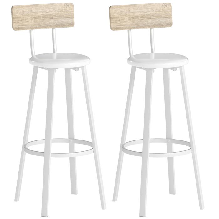 Lot de 2 tabourets de bar - HOMCOM - assise rembourrée dossier et repose-pieds - métal - 415x365x995cm - bois naturel et blanc
