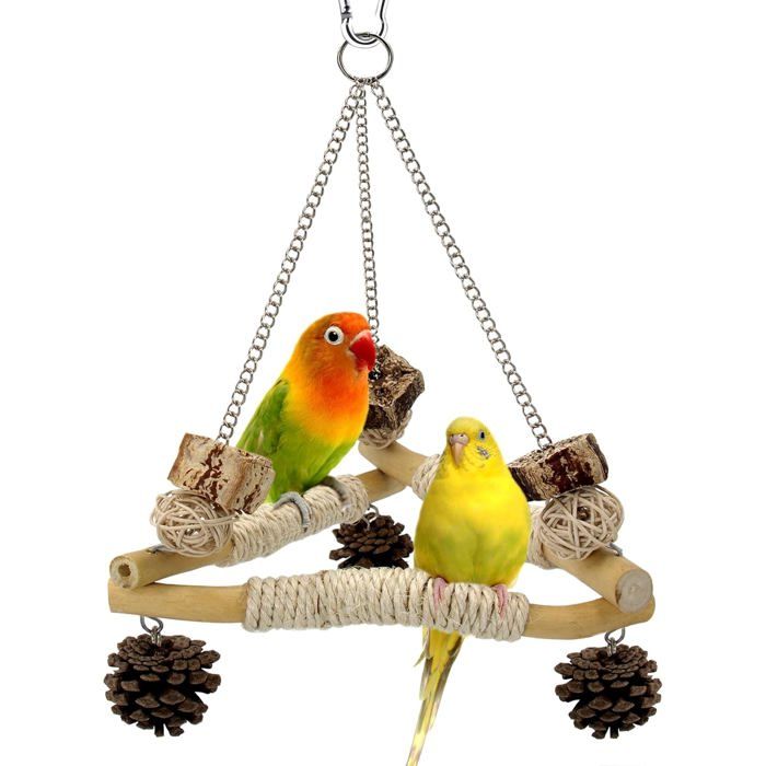 Balançoire à oiseaux pour cage avec jouets à mâcher 3 perchoirs enveloppés de sisal et design triangulaire stable