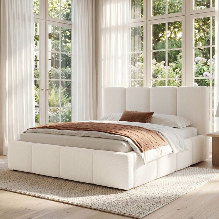 lit adulte lit double 180x200 avec tête de lit rembourrée bouclé beige sommier inclus chambre EVRYAE