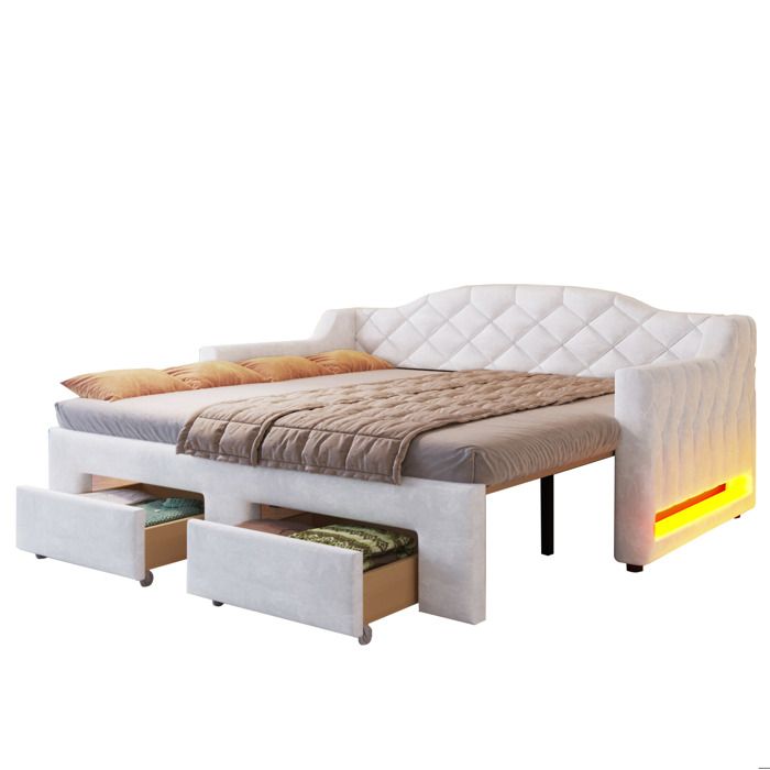 Tagesbett rembourré 90x200 à 180x200 cm deux tiroirs pratiques et éclairage LED finition blanche