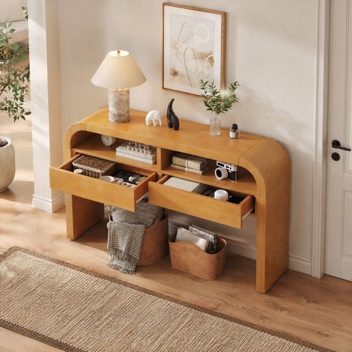 Console d’entrée moderne – MDF – 2 tiroirs et rangements ouverts – pieds réglables – coloris naturel