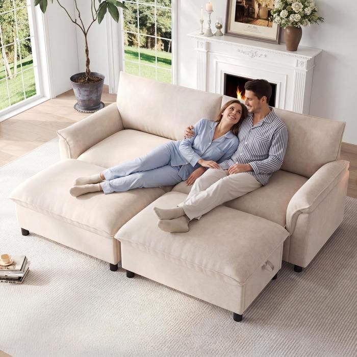 Canapé nuage modulable d’angle 216x77x82 cm rangement assise profonde 2 poufs mobiles haut dossier beige chenille