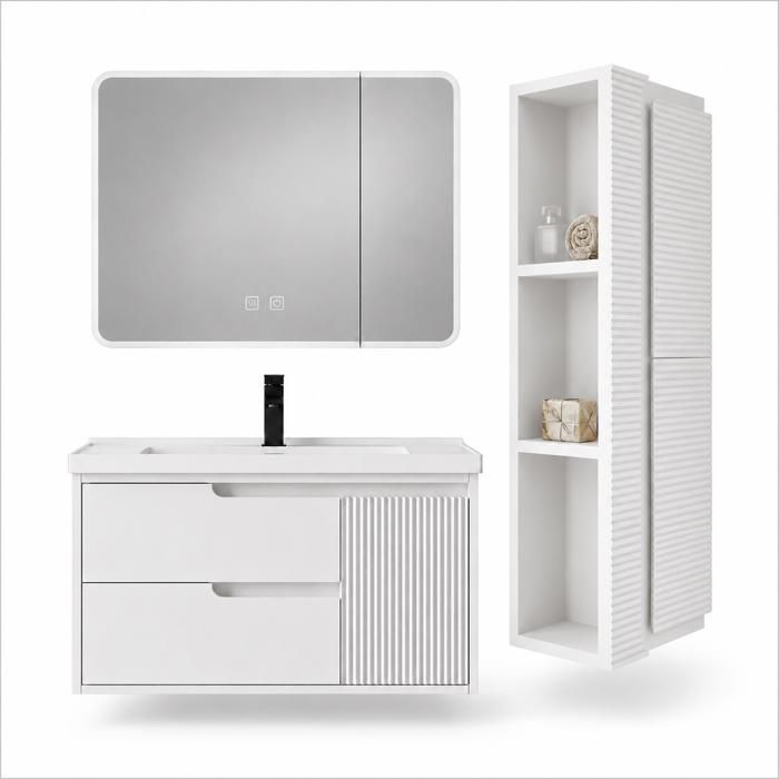 Ensemble meuble de salle de bain avec vasque armoire miroir LED et colonne - 100 cm - Blanc - SEREN Ensemble meuble de salle de bain avec vasque armoire miroir LED et colonne - 100 cm - Blanc - SEREN