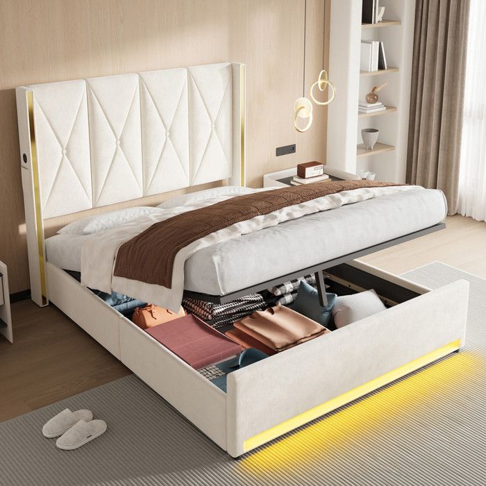Lit double adulte velours avec tête de lit capitonnée losange LED lumière et relevage hydraulique avec grand rangement 160×200cm