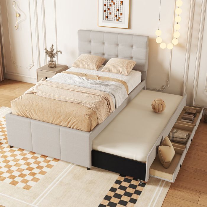 COVREO Lit simple tapissé 90x200 cm avec lit gigogne 90x190 cm 3 tiroirs tête de lit réglable beige