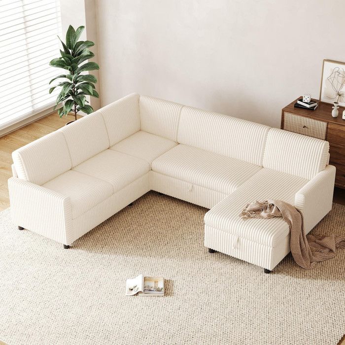 Canapé dangle U 220×274×85cm canapé moderne canapé-lit gigogne velours côtelé épais méridienne avec espace de rangement beige