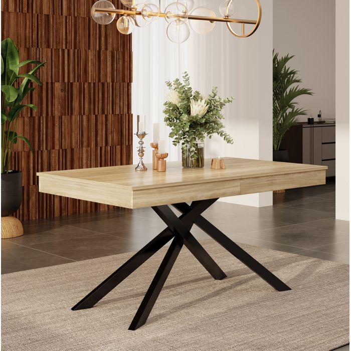 Table de salle à manger extensible 6 à 8 personnes rectangulaire pieds croisés en métal - BEAUNIV - MDF décor chêne 180×80×76 cm