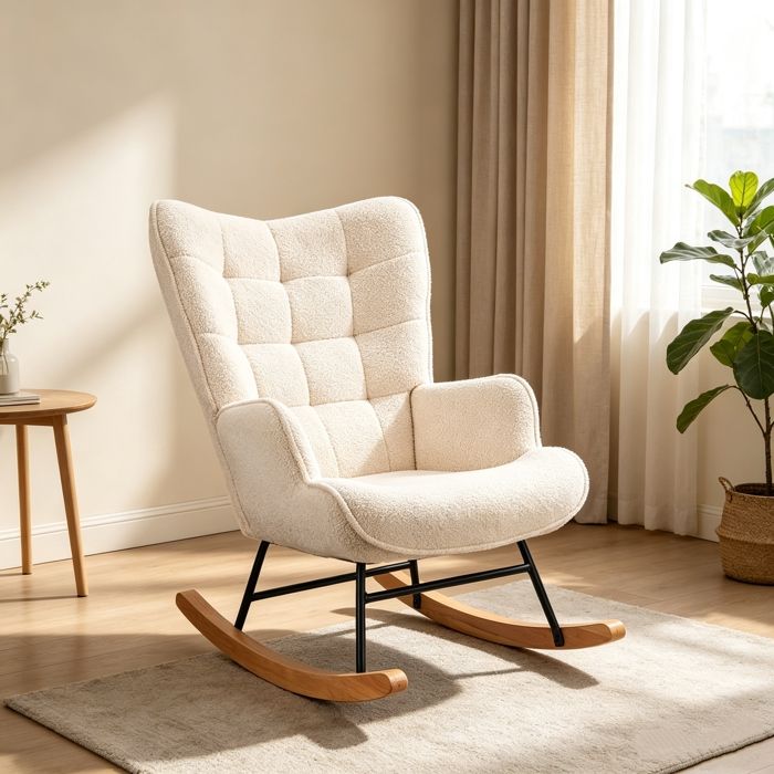 PERGAR - Fauteuil à bascule - Berceuse - beige - Teddy Plush - pieds en bois - Moderne et confortable - pour salon