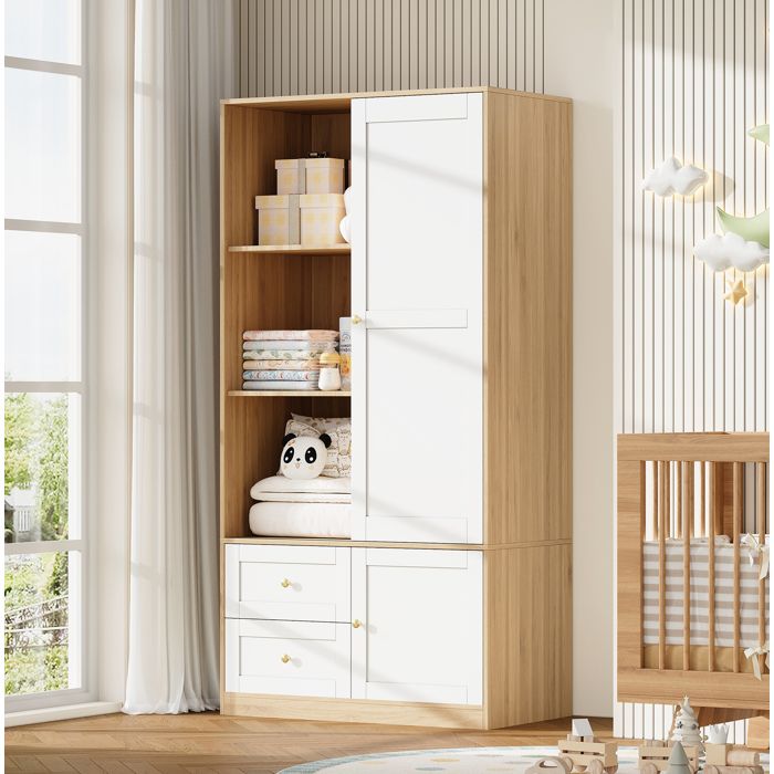 Armoire porte coulissante avec penderie et 2 tiroirs - LPOSPI - gain de place MDF blanc et bois 90 × 50 × 180 cm