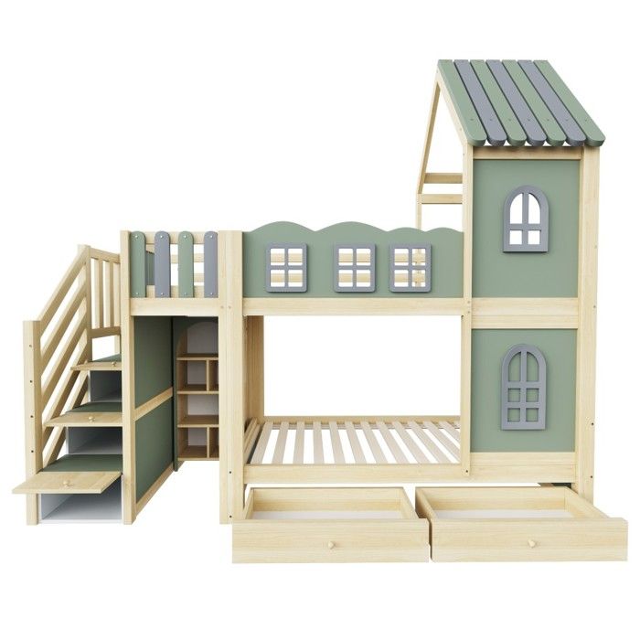 Lit Superposé Enfant Vert 90x200cm Barrière Nuage Toit Fenêtres Échelle Rangement Tiroirs Bois Garçon Fille Sans Matelas Lit Superposé Enfant Vert 90x200cm Barrière Nuage Toit Fenêtres Échelle Rangement Tiroirs Bois Garçon Fille Sans Matelas