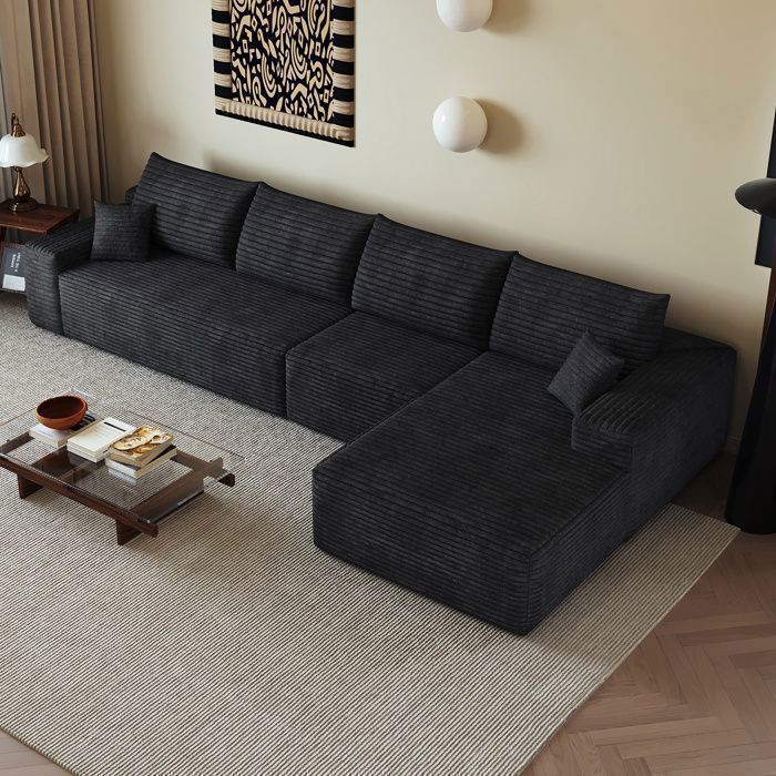 WUVRIE Canapé d’angle modulable 4 places 340 cm méridienne réversible velours côtelé noir sans montage