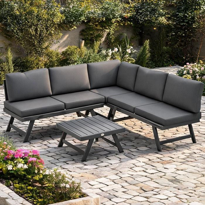 Ensemble convertible 5 places angle jardin avec coussins déperlants gris polyester