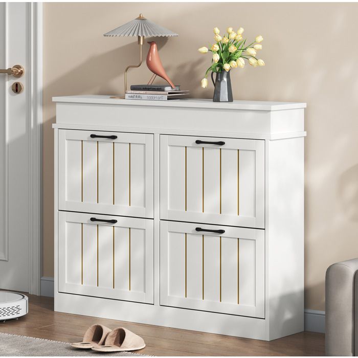 Meuble à chaussures 4 portes abattantes AESVAR 105 x 24 x 83 cm MDF blanc pour entrée avec 8 étagères