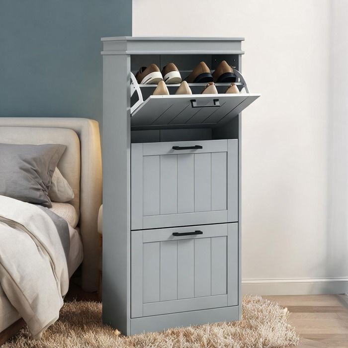 Rangement entrée étroit 3 portes abattantes meuble à chaussures 15 paires gris MDF 54x24x1175 cm