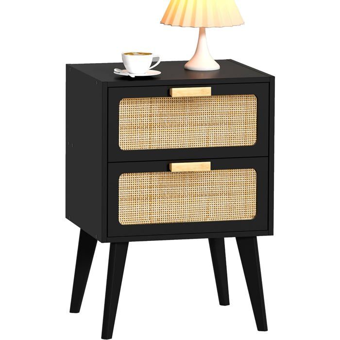 Table de nuit scandinave 2 tiroirs en rotin et bois MDF - dimensions 30 x 40 x 58 cm - chevet moderne pour chambre et salon