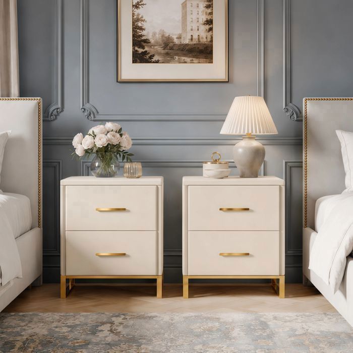 Lot de 2 Tables de Chevet Table de Chevet avec 2 Tiroirs Meuble de Chevet Pieds en Métal Velours Beige