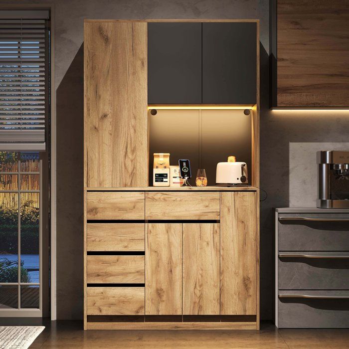 Buffet haut de cuisine 105 x 40 x 185 cm Porte-épices coulissant 4 niveaux LED 2 prises AC + USB-C étagères réglables Naturel